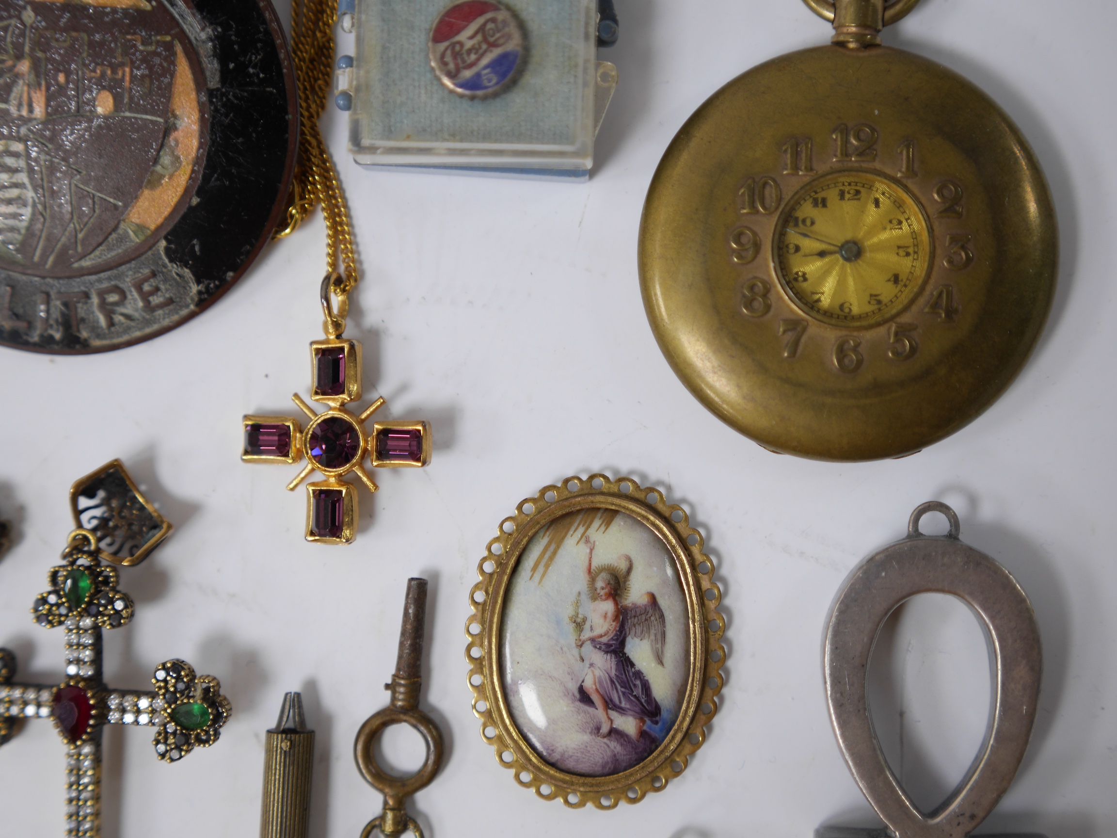 A quantity of assorted Victorian and later jewellery including a white metal, garnet, split pearl and turquoise set cross pendant, 74mm two 925 and gem set crosses, a diamond and enamel set mourning pendant, pair of silv